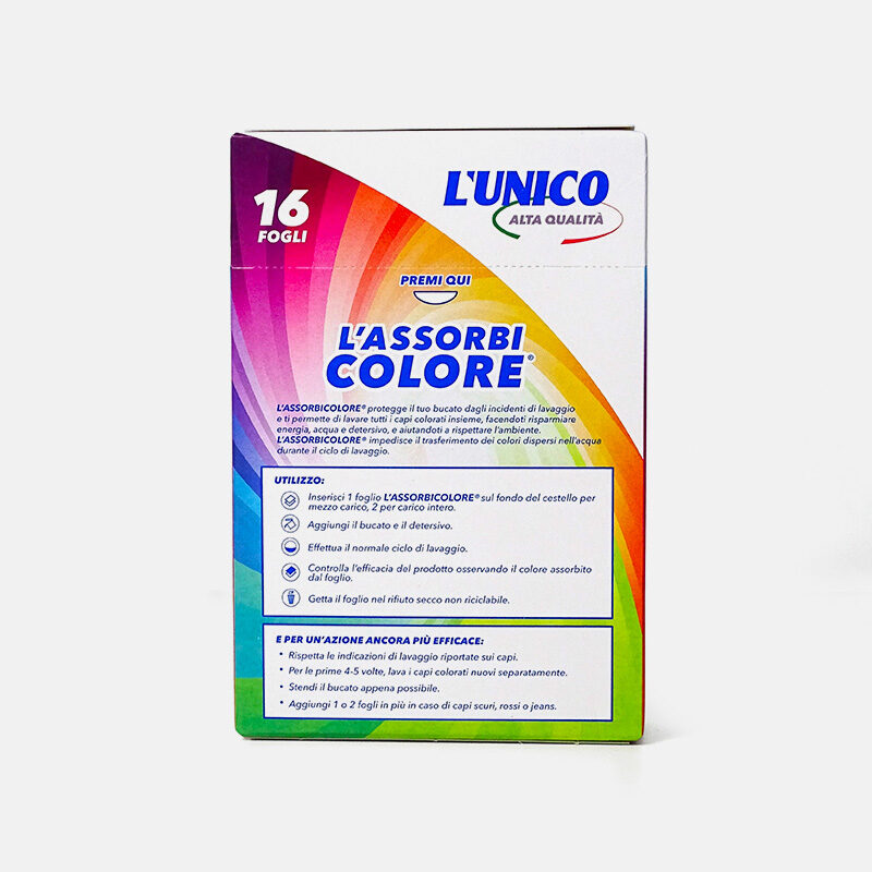 Montree, retro della confezione colorata assorbicolore di lavatris prodotto per lavatrice